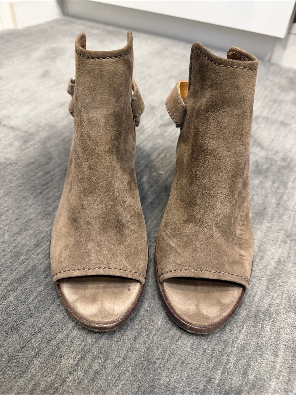FRYE AND CO. Taupe Suede Open-Toe Ankle Booties